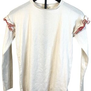 ZARA Girls White Ribbed Long Sleeve Top 11/12Y Ruffle Shoulder Trim